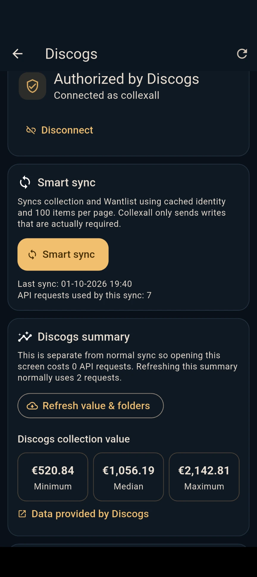 Collexall Discogs collection value screen