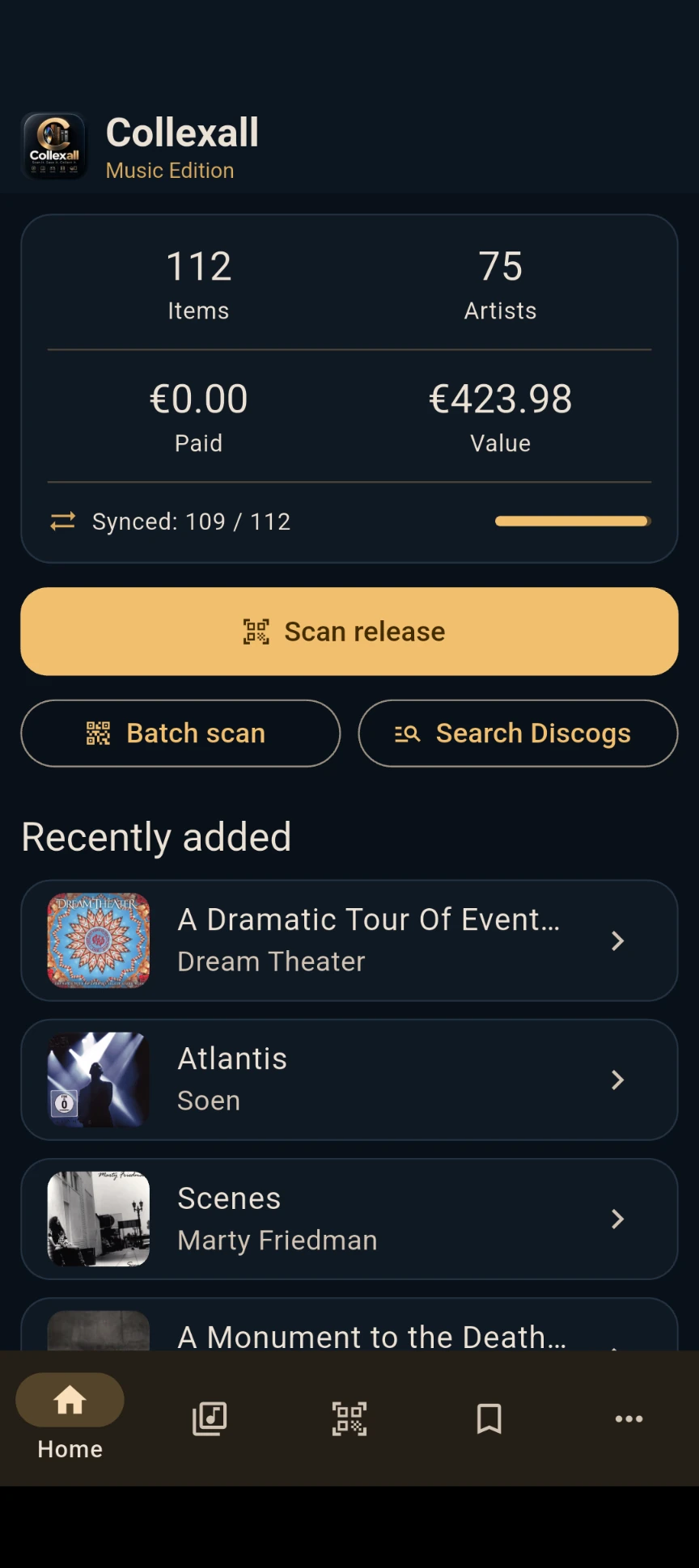 Collexall Music Edition collection dashboard