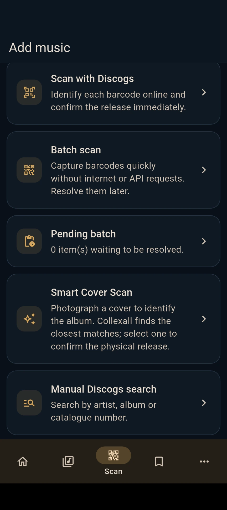 Real Collexall Add Music screen with camera and scanning options